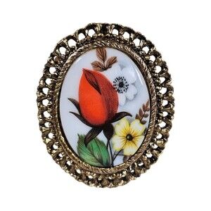 Vintage White Milk Glass Cameo Flower Bouquet Multi Color Brooch / necklace